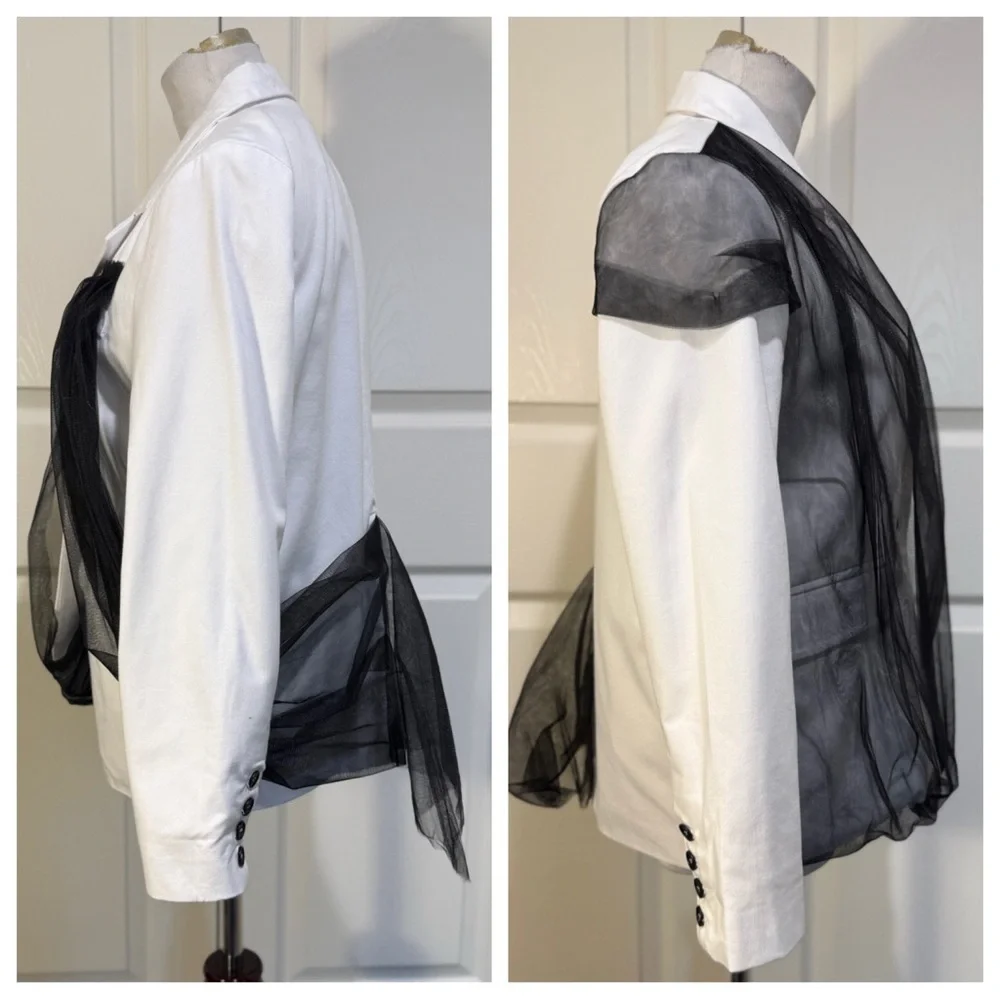 Adeptt white blazer with black tulle draping
